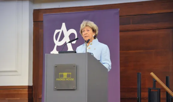 Hilary Kay President of The Arts Society standing at a podium giving a speech