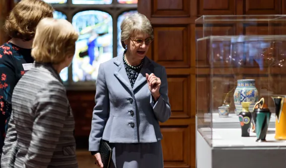 Arts Society Patron HRH Duchess of Gloucester at an exhibition with two Arts Society members