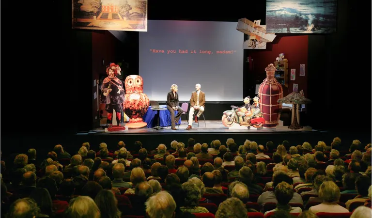 Arts Society President Hilary Kay in conversation with Paul Atterbury at a performance of their theatrical show, have you had this long madam?